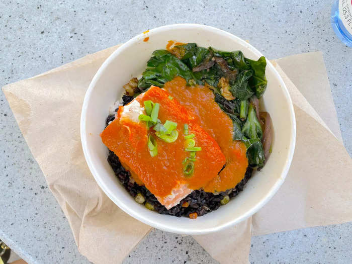 For lunch, I got what the salesperson told me was the most popular item of the day at Fieldtrip, a vendor by award-winning chef JJ Johnson. My salmon bowl was delicious, and cost $20.