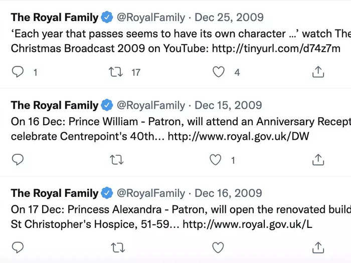 The @RoyalFamily Twitter account did not post many tweets in the first few years of its existence.