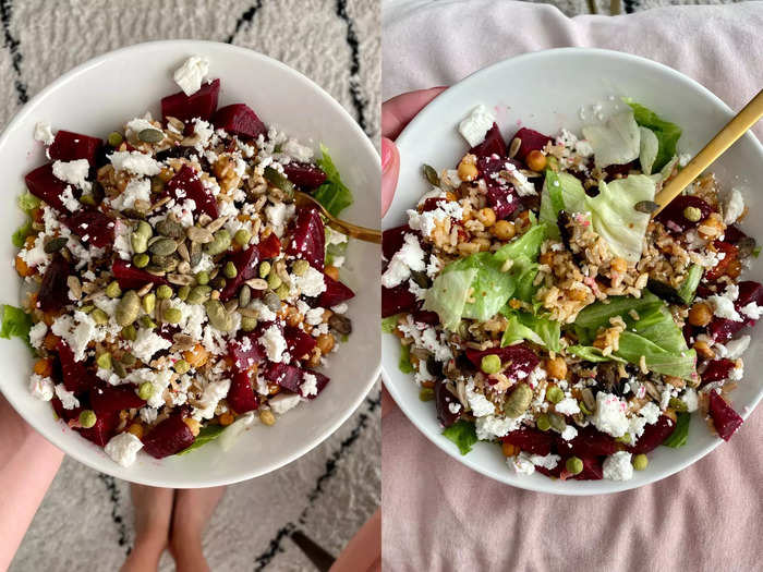 3. Chickpea, beetroot, and feta salad with crunchy seeds and brown rice