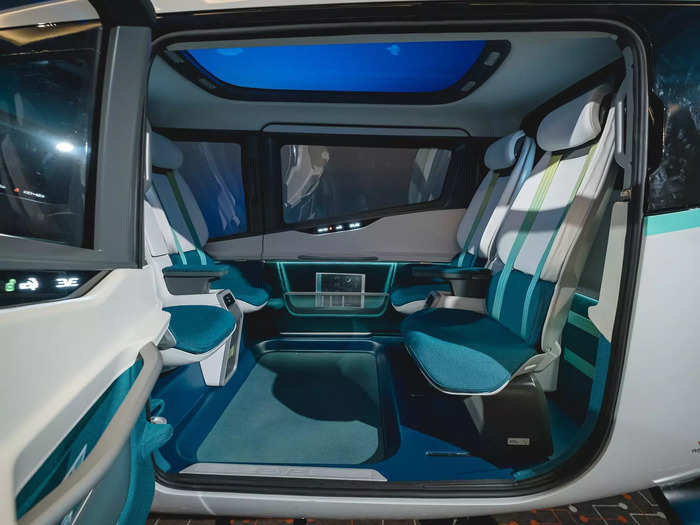 The cabin can seat up to four people in two rows facing each other.