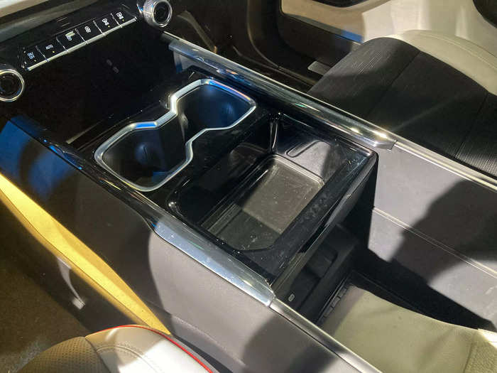 Everything in the Silverado EV is oversized, including its center console, which is deep, wide, and has a sliding plastic tray that houses the cupholders.