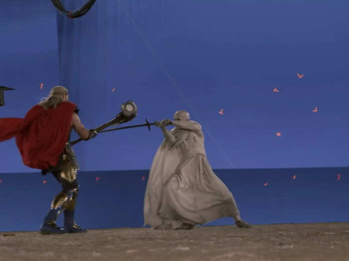 Hemsworth and Bale filmed the fight sequence on a flat surface, while surrounded by blue screens.