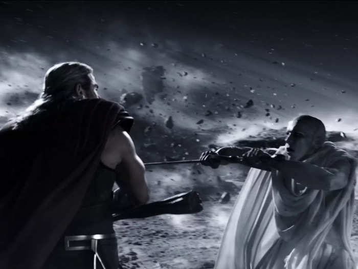 Thor and Gorr fight each other using their weapons of choice: the Stormbreaker and the Necrosword.