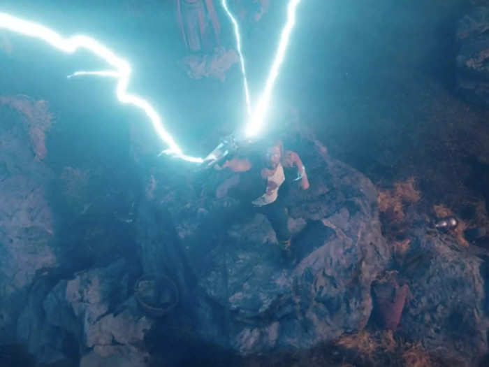 After making a grand speech, Thor summons his Stormbreaker and powers it up.