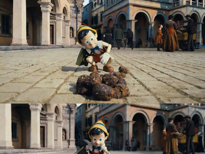 Pinocchio becomes distracted by a pile of poop in the remake on his way to school.