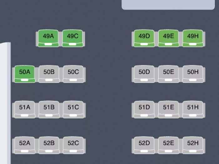 Seats 50A and 50L in the second half of the economy sections have no seat in front of them, meaning these travelers will have endless legroom.