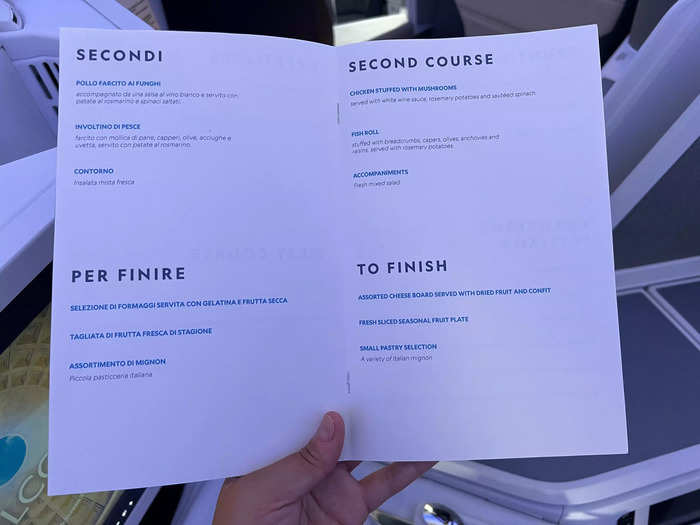 Second course offerings include a fish roll and mushroom stuffed chicken, while the dessert options were pastries, an assorted cheese board, or seasonal fruit.