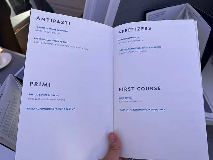 ITA offers a four-course meal in business class. The menu onboard consisted of appetizers like cod and potato pie and entrees like meat ravioli.