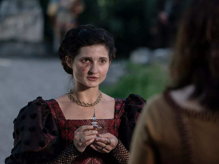 Ruby Bentall rocks square collars and heavy brocades as Angelica.