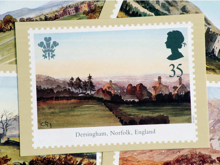 This British stamp shows his painting of Dersingham in Norfolk, England.