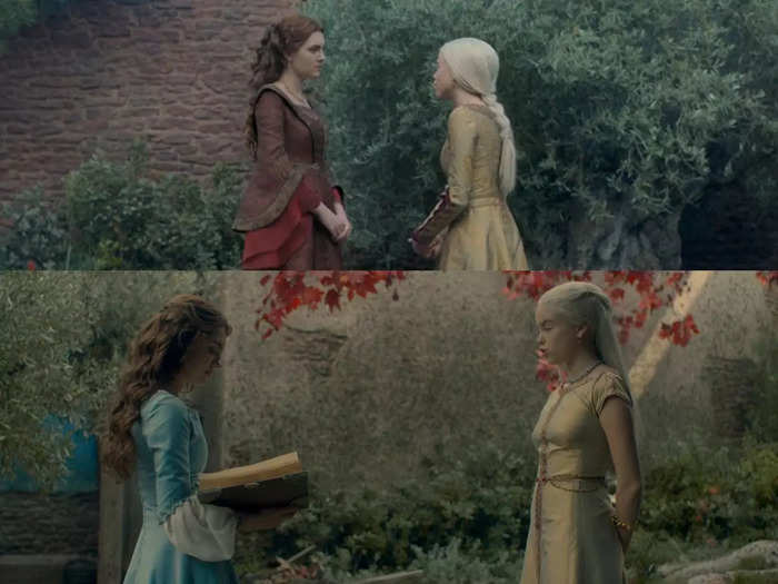 When Alicent confronts Rhaenyra, the princess is wearing a modest dress like she did when she was 14, while Queen Alicent is now more regally dressed.