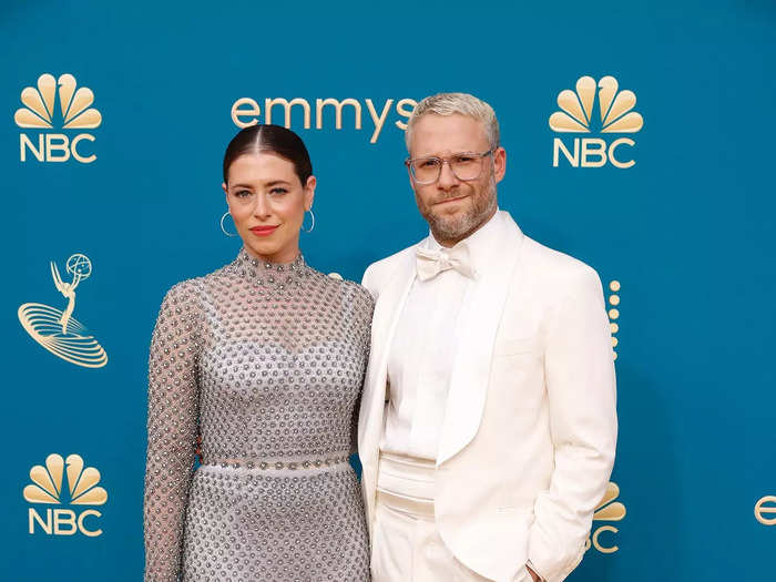 Lauren Miller Rogen wore a semi-sheer dress, while Seth Rogen jumped on the all-white trend.