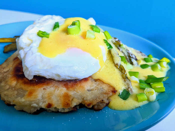 Serve boxty with a poached egg, grilled asparagus, and Hollandaise sauce.