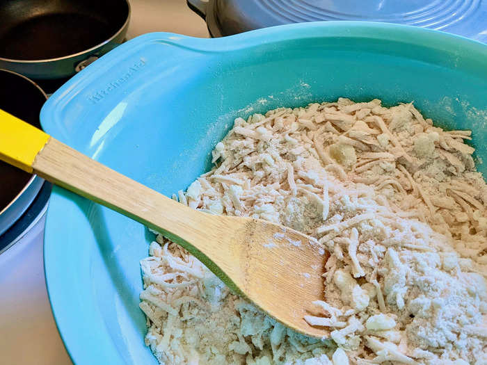 Add your buttermilk to the potato-dry ingredient mixture.