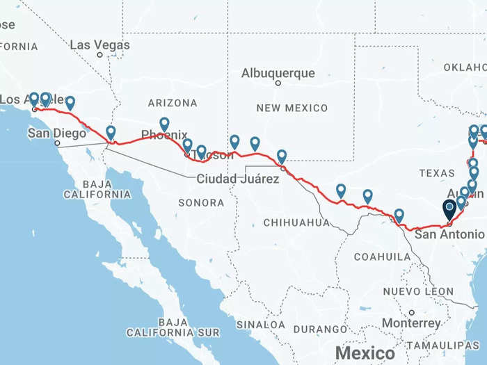 Los Angeles to San Antonio portion of the Texas Eagle route