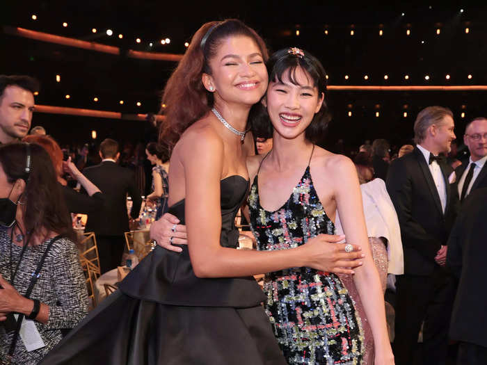 Zendaya and "Squid Game" star Jung Ho-yeon posed for a photo together, both grinning widely. Zendaya won the award for outstanding lead actress in a drama series for "Euphoria," while Jung was nominated for outstanding supporting actress in a drama series.