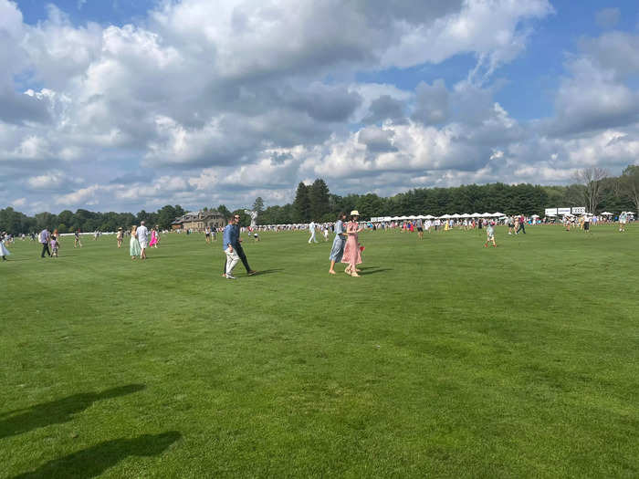 At halftime just before 4 p.m., spectators were invited to walk on the field and stomp the divots, which are chunks of grass and dirt that horses kick up as they gallop.
