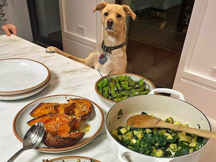 Once the house is cleaned up, Singer starts dinner, which is more cooked veggies.