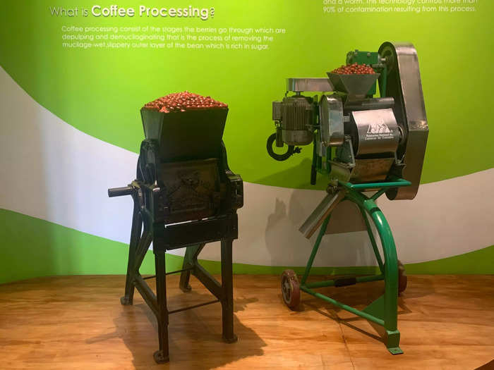 Museum displays featured coffee-processing tools, bold-print descriptions about the history of coffee, and video presentations on the coffee-making process.