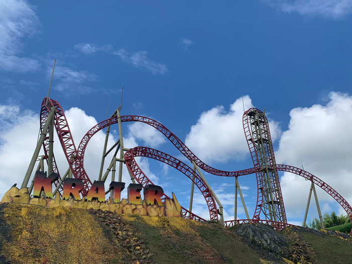 One of the more thrilling rides, Krater, is a red inverted coaster that spun screaming passengers upside down throughout the entire ride.