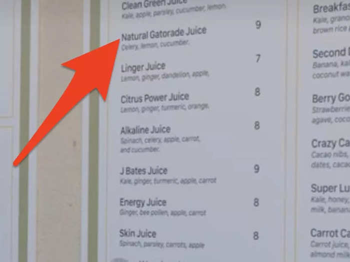 One of the drinks on the menu at the tennis club is "natural Gatorade juice."