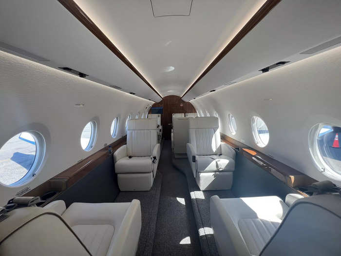 The demo plane had 10 large leather loungers in two living spaces, including a meeting or conference area…