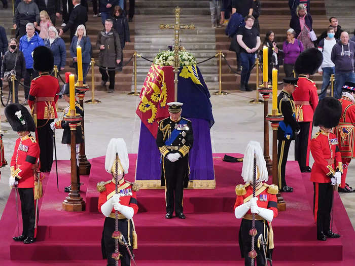 King Charles, Princess Anne, Prince Andrew, and Prince Edward stood guard around Queen Elizabeth