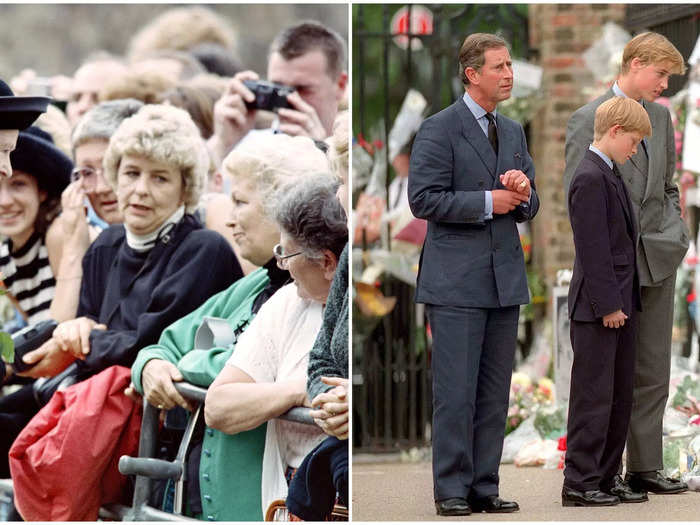 Members of the royal family broke protocol by greeting mourners and admiring tributes following Princess Diana