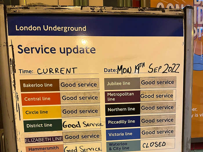 Apart from the Waterloo and City line, which was closed, a good service was expected on all tube lines on Monday. Green Park station, located next to Buckingham Palace, was only allowing people to exit.