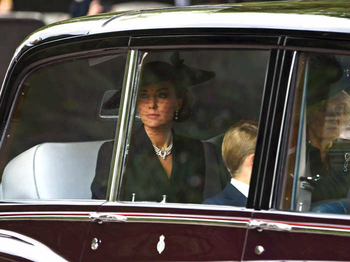 Kate Middleton wore a pearl necklace with a diamond clasp, known as the Four-Row Japanese Pearl Choker, that was given to Queen Elizabeth II by Japan in 1970.