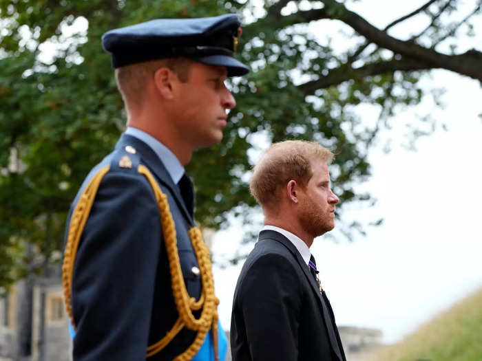 Photographers captured Prince Harry and Prince William together as they followed the hearse with their grandmother