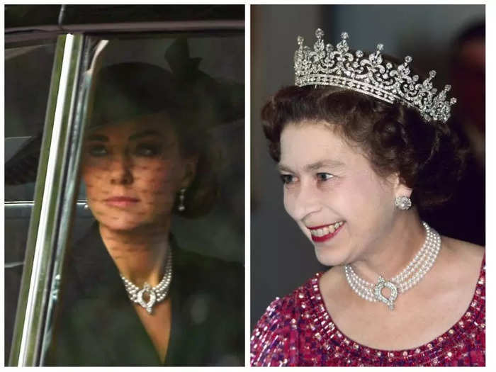 Kate also paid tribute to the Queen with a necklace.