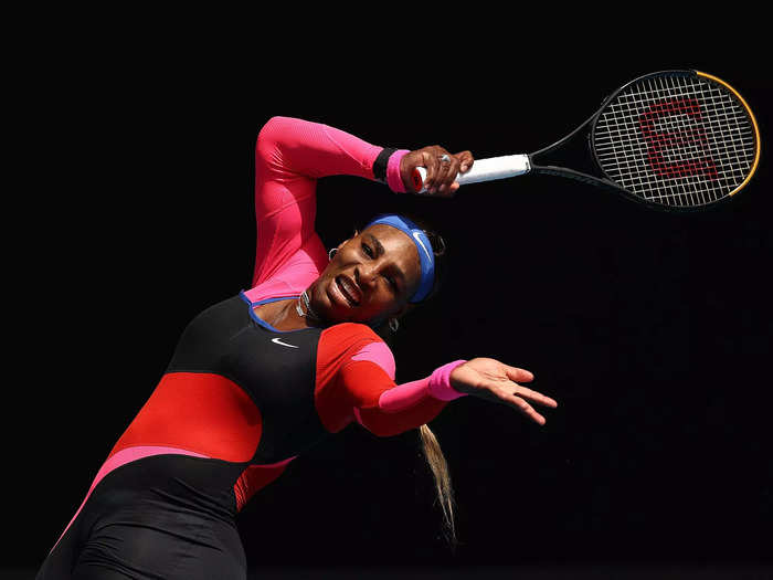 2021: Serena Williams hits a shot during her fourth-round match at the 2021 Australian Open.