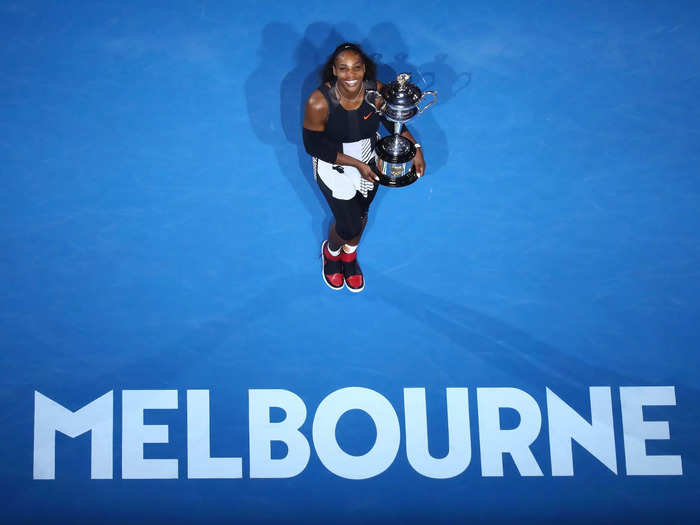 2017: Serena Williams poses with the Daphne Akhurst Trophy after winning the 2017 Australian Open final.