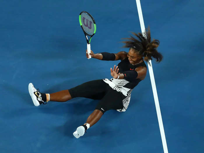 2017: Serena Williams falls to the floor after winning championship point in the 2017 Australian Open final. She later revealed she was two months pregnant while competing for her 23rd Grand Slam title.