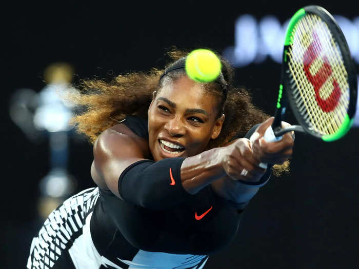 2017: Serena Williams stretches out to play a backhand during the 2017 Australian Open final.