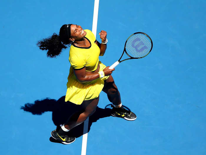 2016: Serena Williams celebrates winning a point in her first-round match at the Australian Open.