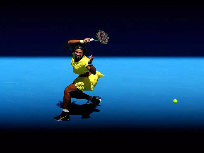 2016: Serena Williams plays a forehand in her first-round match at the Australian Open.