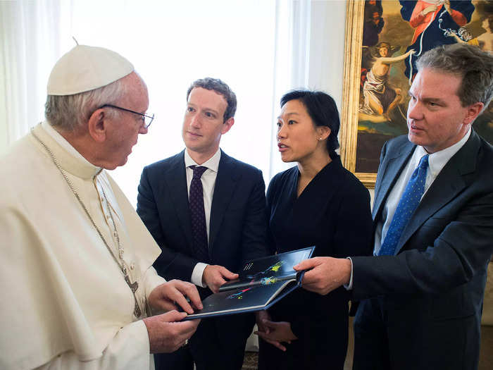 Zuckerberg and Chan took a trip in 2016 to Rome, where they met with Pope Francis at the Vatican. Zuckerberg gave the pope a miniature model of a Facebook solar-powered drone.