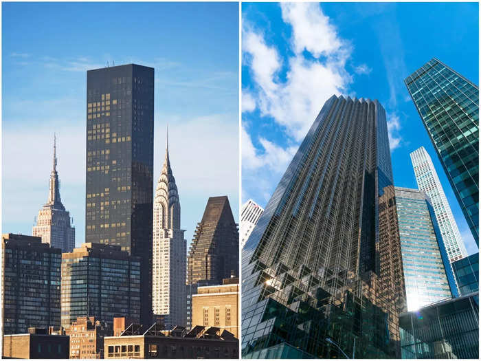 Trump companies own at least 14 properties in New York City, including, from left to right, Trump World Tower and Trump Tower. Forbes estimated his NYC portfolio to be worth $960 million.