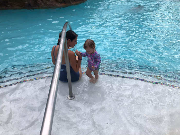 Like at the previous hotel, she preferred the pool. But rather than splashing and relaxing, I was on high alert as my daughter gravitated towards danger of all kinds, running in the pool or getting too close to a deep edge.