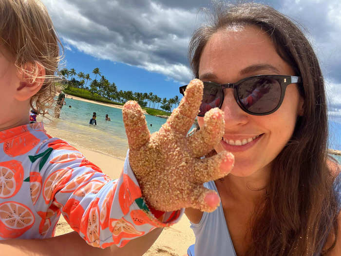 The beach at Aulani was also short lived. She immediately covered both of us in sand, most of which ended up in my eye, and we had to leave.