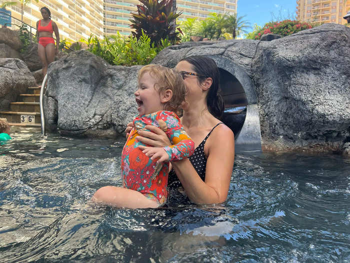 She loved the pool with a kiddie water slide so much, I spent one afternoon bringing her on it over and over again. She had a blast, but when we got home, I threw out my back from carrying her so much.