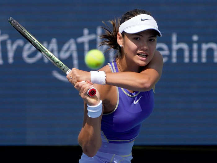 8/17: Emma Raducanu plays a backhand during the Western & Southern Open in Mason, Ohio.