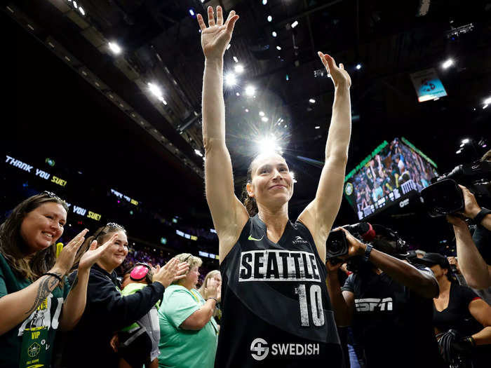 8/7: Sue Bird of the Seattle Storm waves to fans after the last regular season home game of her career against the Las Vegas Aces in Seattle, Washington.