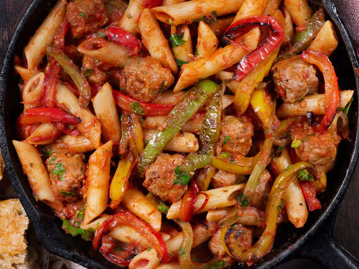 Pasta with roasted veggies and chicken sausage