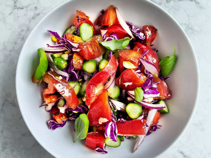 Mediterranean chopped salad with pita