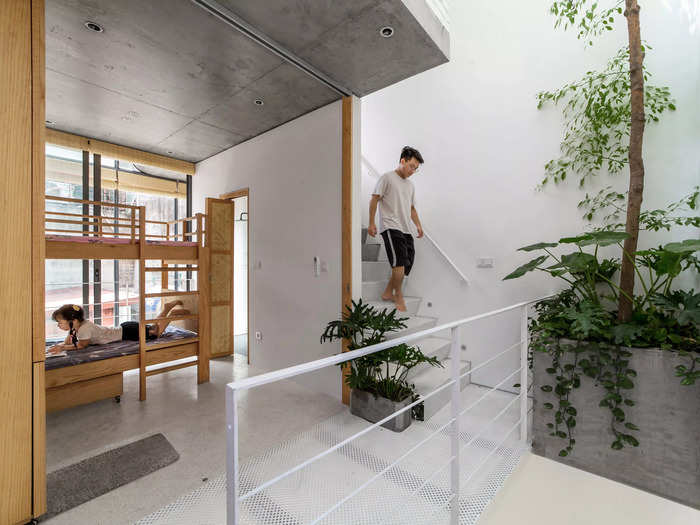 Despite the cramped conditions of the land, natural light floods the interiors of the house thanks to skylights and a full-length glass wall.