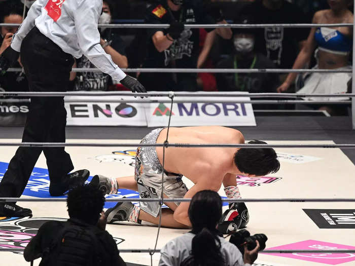 Moments after hitting Mayweather cleanly, Asakura ended up on the floor.