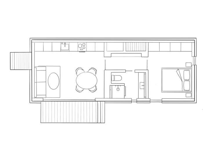 Houses will initially be available for purchase in Los Angeles, the Bay Area, and Seattle. This floor plan shows the backyard space used as a dwelling.